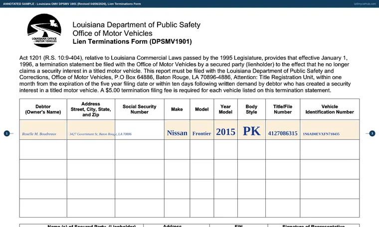 Top of our filled-in example of Louisiana DPSMV 1901, Lien Terminations Form