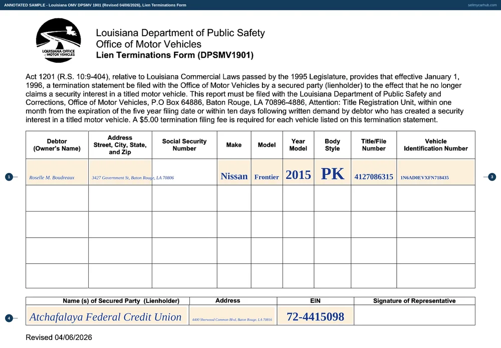 A Louisiana DPSMV 1901 lien terminations form filled in for one vehicle: debtor Roselle M. Boudreaux of Baton Rouge, a 2015 Nissan Frontier, body style PK, title number 4127086315, VIN 1N6AD0EVXFN718435, and Atchafalaya Federal Credit Union named as the secured party with its address and EIN. The social security column is left blank.