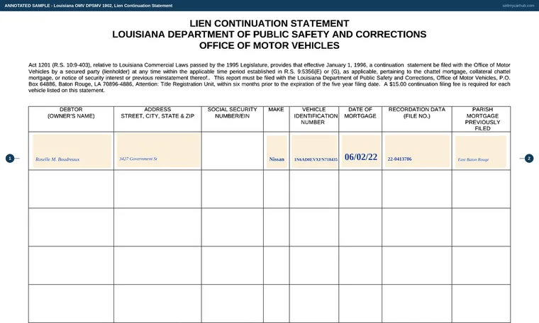 Top of our filled-in example of Louisiana DPSMV 1902, Lien Continuation Statement