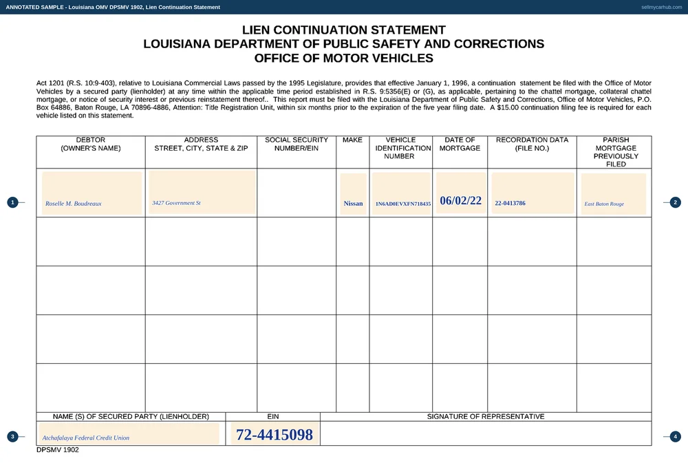 A Louisiana DPSMV 1902 lien continuation statement filled in for one row: debtor Roselle M. Boudreaux, a Baton Rouge address, a Nissan, VIN 1N6AD0EVXFN718435, a mortgage date of 06/02/22, recordation file number 22-0413786, East Baton Rouge as the parish the mortgage was previously filed in, and Atchafalaya Federal Credit Union with its EIN in the secured party strip at the foot.
