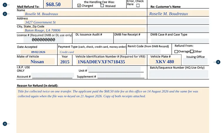 Part of our filled-in example of Louisiana DPSMV 1955, Request for Refund, showing the filled-in entries