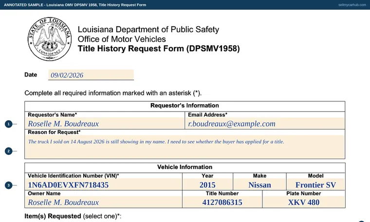 Top of our filled-in example of Louisiana DPSMV 1958, Title History Request Form
