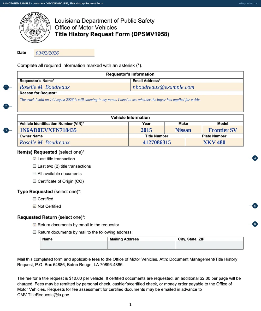 A Louisiana DPSMV 1958 title history request form filled in: requestor Roselle M. Boudreaux with an email address, a reason for request explaining that a truck sold on 14 August 2026 still shows in her name, VIN 1N6AD0EVXFN718435 for a 2015 Nissan Frontier SV, title number 4127086315, plate XKV 480, with Last title transaction, Not Certified and Return documents by email all ticked and the mail-to block greyed out.