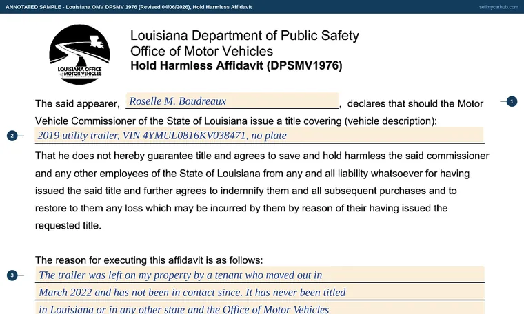 Top of our filled-in example of Louisiana DPSMV 1976, Hold Harmless Affidavit