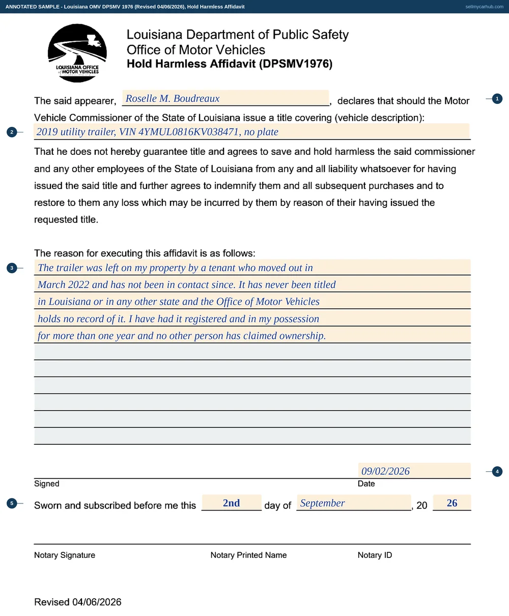 A Louisiana DPSMV 1976 hold harmless affidavit filled in: appearer Roselle M. Boudreaux, a 2019 utility trailer with VIN 4YMUL0816KV038471 and no plate, and five lines of explanation describing a trailer left by a former tenant in March 2022, never titled in Louisiana or elsewhere, with no OMV record and no other claimant in more than a year. Dated 2 September 2026 above the notary block.
