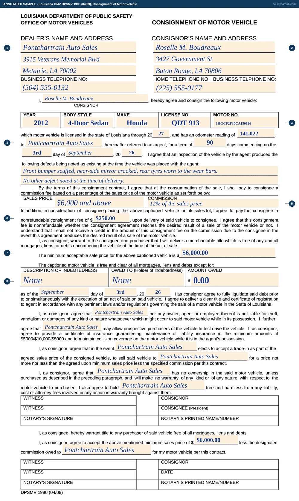A Louisiana DPSMV 1990 consignment of motor vehicle filled in: dealer Pontchartrain Auto Sales of Metairie, consignor Roselle M. Boudreaux of Baton Rouge, a 2012 Honda 4-door sedan with licence QDT 913 and VIN 1HGCP2F30CA150826, an odometer reading of 141,022, a ninety-day term commencing 3 September 2026, noted defects to the bumper, mirror and tyres, a commission of 12% of the sales price on vehicles at $6,000 and above, a $250.00 nonrefundable consignment fee, a minimum acceptable sale price of $6,000.00 and no indebtedness recorded.