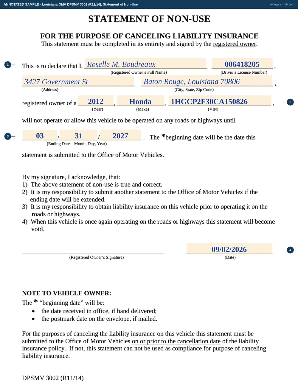 A Louisiana DPSMV 3002 statement of non-use filled in: registered owner Roselle M. Boudreaux with her driver's licence number and Baton Rouge address, a 2012 Honda with VIN 1HGCP2F30CA150826, an ending date of 31 March 2027, and a signature date of 2 September 2026.