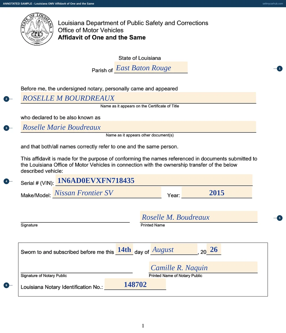 A Louisiana OMV Affidavit of One and the Same filled in: Parish of East Baton Rouge, the name as it appears on the certificate of title given as ROSELLE M BOURDREAUX and the name as it appears on other documents as Roselle Marie Boudreaux, a 2015 Nissan Frontier SV with VIN 1N6AD0EVXFN718435, sworn on the 14th day of August 2026 before notary Camille R. Naquin with Louisiana notary identification number 148702.