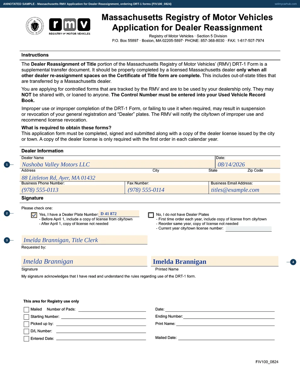 The Massachusetts Application for Dealer Reassignment filled in as an annotated sample: Nashoba Valley Motors LLC of Ayer with an address, a business telephone, a fax number and an email, the Yes box ticked for holding dealer plates with a dealer plate number written beside it, and a requested-by line, signature and printed name for the dealership's title clerk. The block at the foot headed This area for Registry use only is left empty.