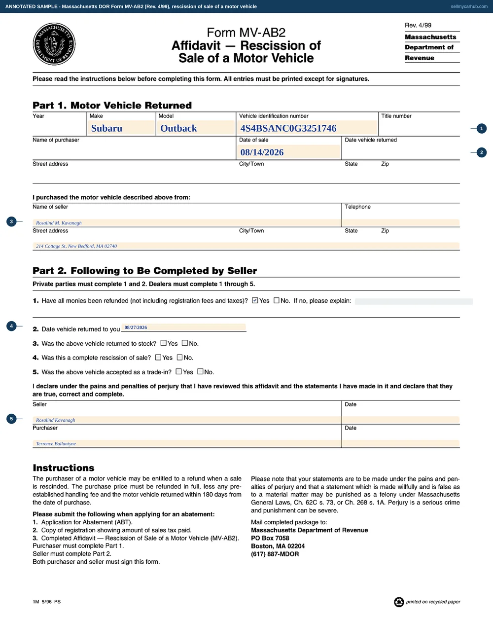 Form MV-AB2 filled in as an annotated sample: a 2016 Subaru Outback with its vehicle identification number, a date of sale of 14 August 2026, Rosalind M. Kavanagh of New Bedford named and addressed as the seller, Yes ticked for all monies refunded, a return date of 27 August 2026 in question 2, the Yes and No boxes of questions 3 to 5 greyed as the dealer's part of the form, and the seller and purchaser declaration lines signed.