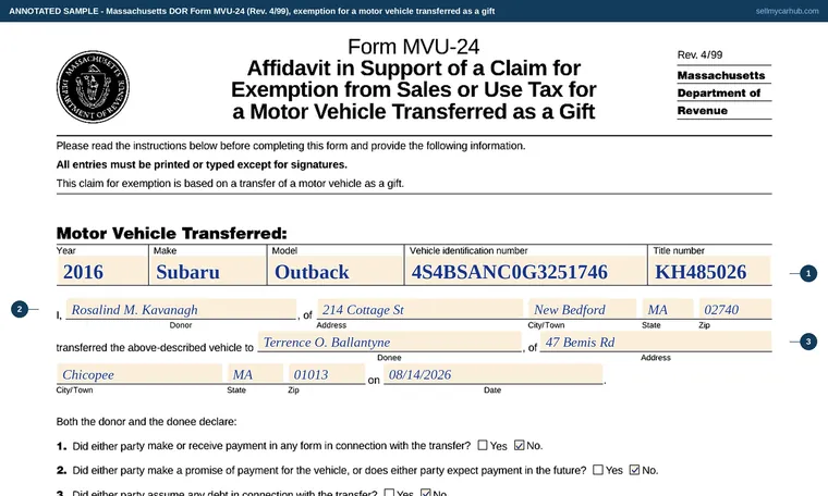 Top of our filled-in example of Massachusetts MVU-24, Affidavit in Support of a Claim for Exemption from Sales or Use Tax for a Motor Vehicle Transferred as a Gift