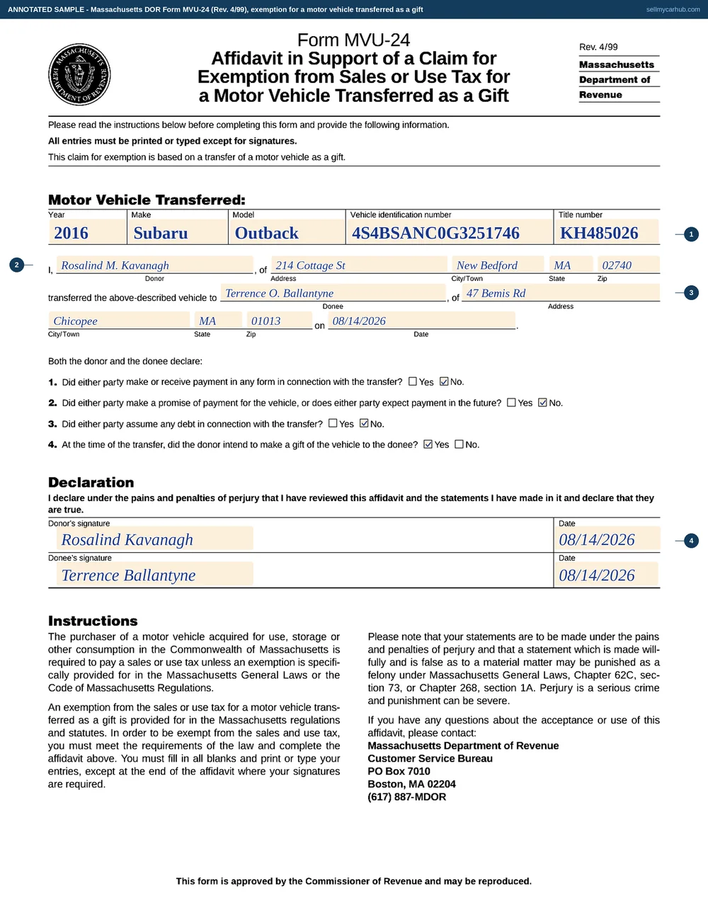 Form MVU-24 filled in as an annotated sample: a 2016 Subaru Outback with its vehicle identification number and Massachusetts title number, given by Rosalind M. Kavanagh of New Bedford to Terrence O. Ballantyne of Chicopee on 14 August 2026, with No ticked for payment, promise of payment and assumed debt, Yes ticked for the donor's intent, and both declaration lines signed and dated.
