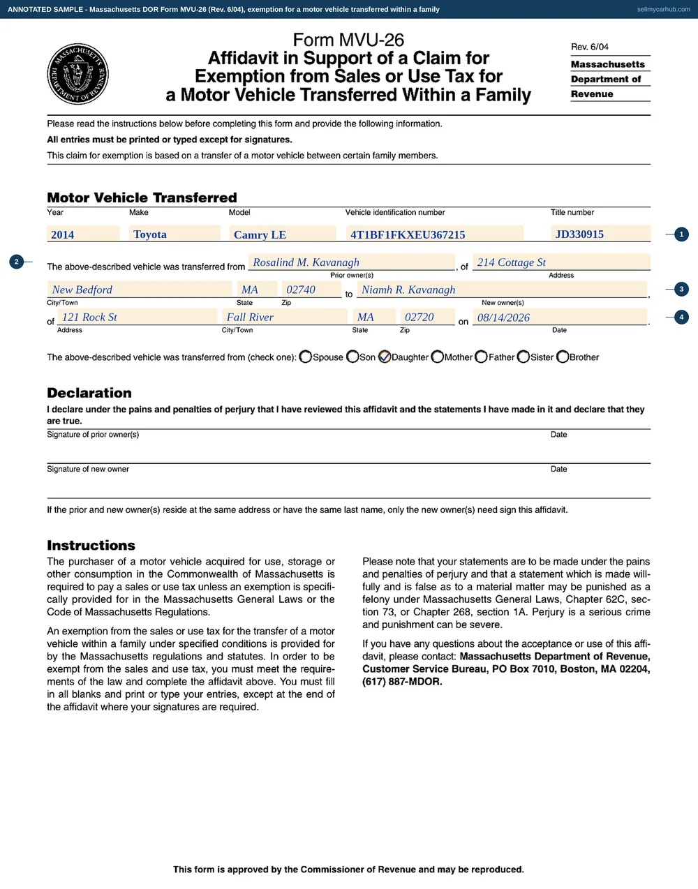 Form MVU-26 filled in as an annotated sample: a 2014 Toyota Camry with its vehicle identification number and Massachusetts title number, transferred from Rosalind M. Kavanagh of New Bedford to Niamh R. Kavanagh of Fall River on 14 August 2026, and the Daughter box ticked. The two declaration lines beneath carry no fields on the published PDF and are left as the Department of Revenue prints them.