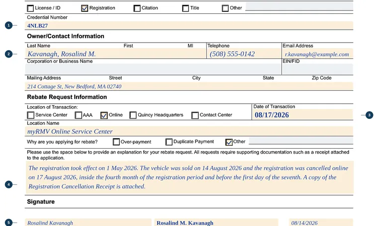 Part of our filled-in example of Massachusetts REV105, Rebate/Refund Application, showing the filled-in entries