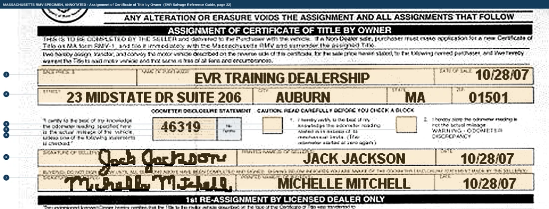 The Assignment of Certificate of Title by Owner block on the reverse of a Massachusetts certificate, filled in by the RMV. Row one carries an empty sale price box, the purchaser EVR TRAINING DEALERSHIP and a date of sale of 10/28/07. Row two carries the street, city, state and ZIP. The odometer disclosure strip shows a reading of 46319 with an unwritten No Tenths cell beside it and two empty caution boxes, one for a reading in excess of mechanical limits and one for a reading that is not the actual mileage. Row four is signed Jack Jackson with the name printed and dated. Row five is signed Michelle Mitchell for the buyer with the name printed and dated. Underneath it the green bar reading 1st RE-ASSIGNMENT BY LICENSED DEALER ONLY.