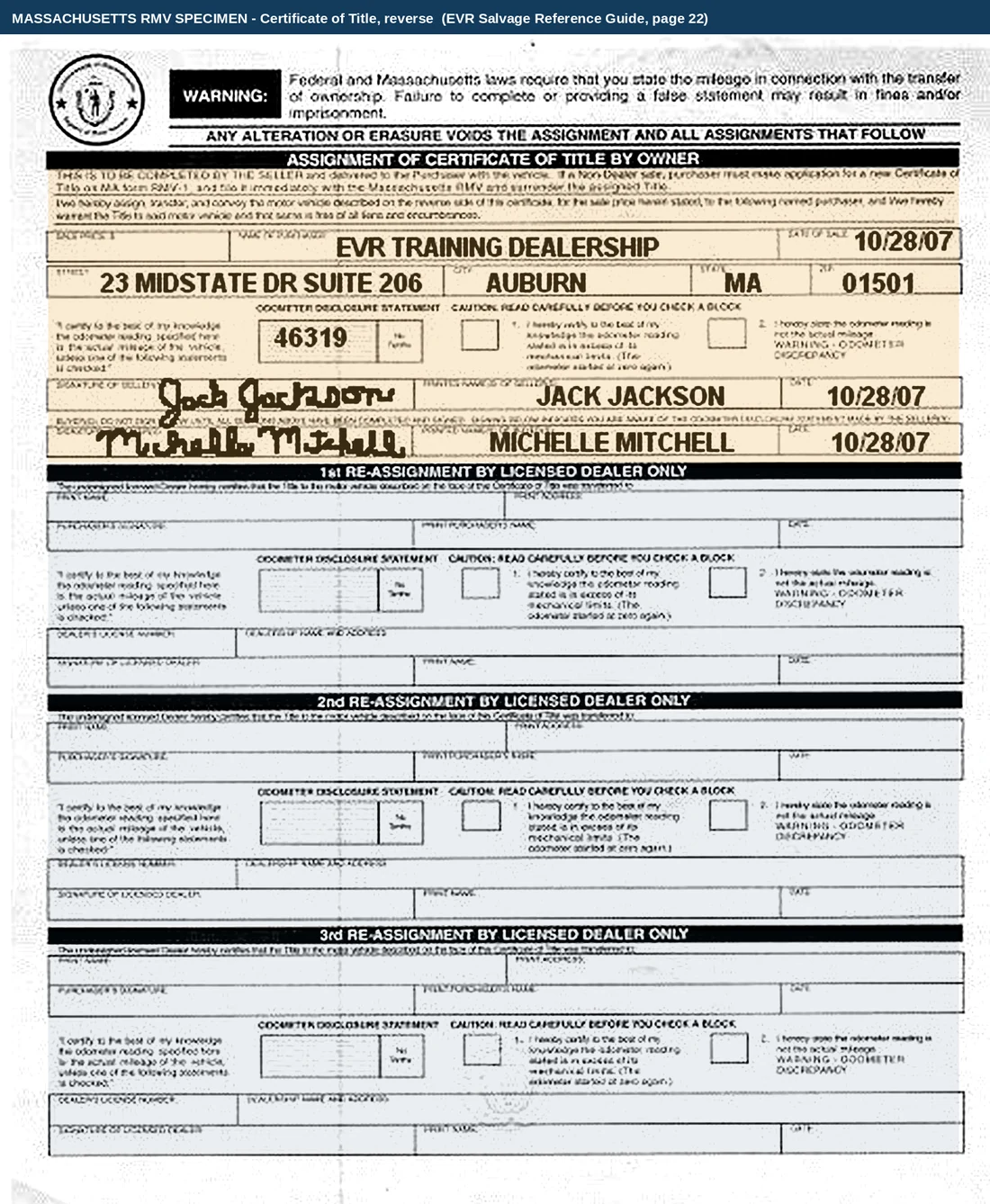 The whole reverse of a Massachusetts Certificate of Title. The amber block at the top is the assignment of certificate of title by owner, completed. Below it three grey blocks headed 1st, 2nd and 3rd RE-ASSIGNMENT BY LICENSED DEALER ONLY, each with a print name and address row, a purchaser signature row, its own odometer disclosure statement, a dealer's licence number and dealership name row and a signature of licensed dealer row, all empty.