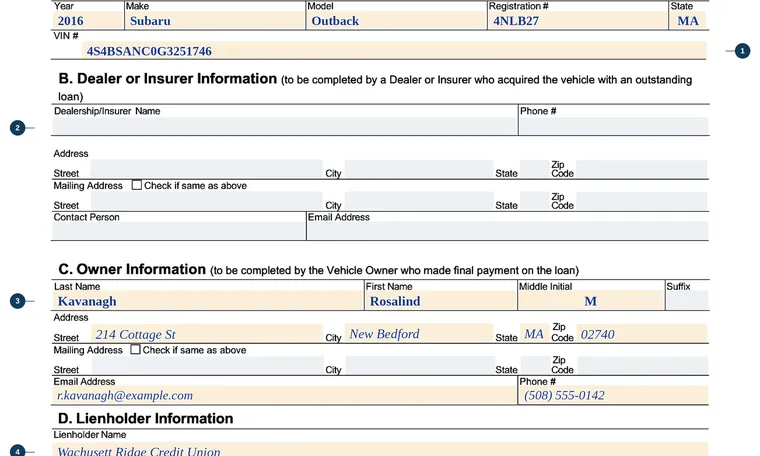 Part of page 1 of our filled-in example of Massachusetts TTL100, Lienholder Complaint Form, showing the filled-in entries