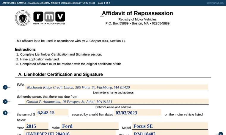 Top of page 1 of our filled-in example of Massachusetts TTL105, Affidavit of Repossession