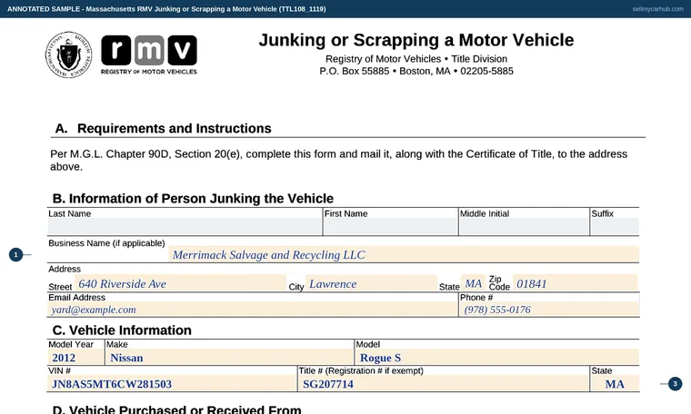 Top of our filled-in example of Massachusetts TTL108, Junking or Scrapping a Motor Vehicle