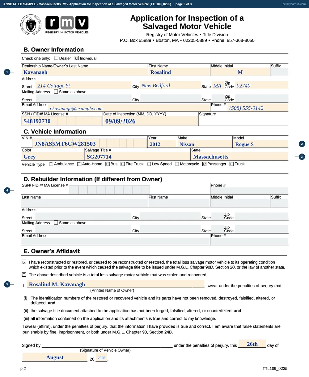 The Massachusetts Application for Inspection of a Salvaged Motor Vehicle filled in as an annotated sample across three pages. Page one is the Registry's rules and the text of chapter 90D section 20D. Page two shows the Individual box ticked, Rosalind M. Kavanagh of New Bedford as owner with her Massachusetts licence number and a date of inspection, a 2012 Nissan Rogue with its vehicle identification number, colour and Massachusetts salvage title number, the Passenger vehicle type ticked, the rebuilder block left grey, and section E with the reconstructed box ticked, the owner's name printed and the sworn statement dated. Page three shows the major component parts column with ORIGINAL entered against the engine and a used-part receipt reference against the front right door and the front right fender.