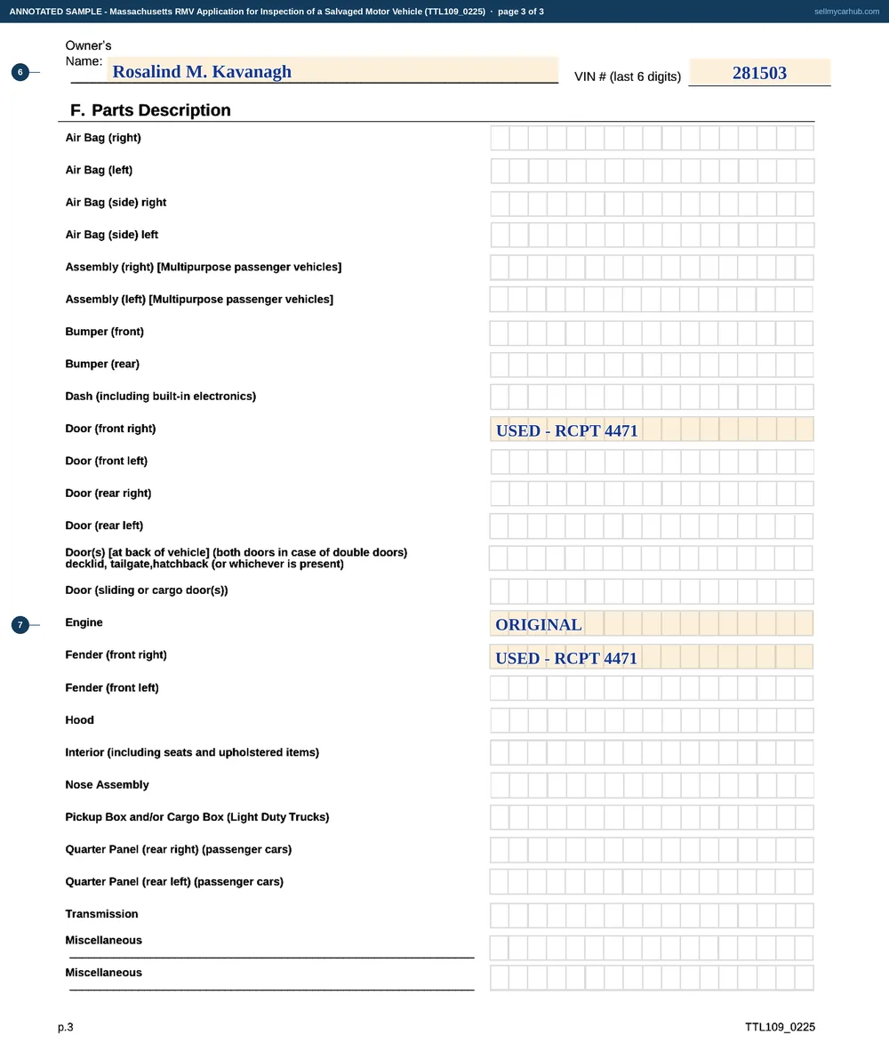 The Massachusetts Application for Inspection of a Salvaged Motor Vehicle filled in as an annotated sample across three pages. Page one is the Registry's rules and the text of chapter 90D section 20D. Page two shows the Individual box ticked, Rosalind M. Kavanagh of New Bedford as owner with her Massachusetts licence number and a date of inspection, a 2012 Nissan Rogue with its vehicle identification number, colour and Massachusetts salvage title number, the Passenger vehicle type ticked, the rebuilder block left grey, and section E with the reconstructed box ticked, the owner's name printed and the sworn statement dated. Page three shows the major component parts column with ORIGINAL entered against the engine and a used-part receipt reference against the front right door and the front right fender.