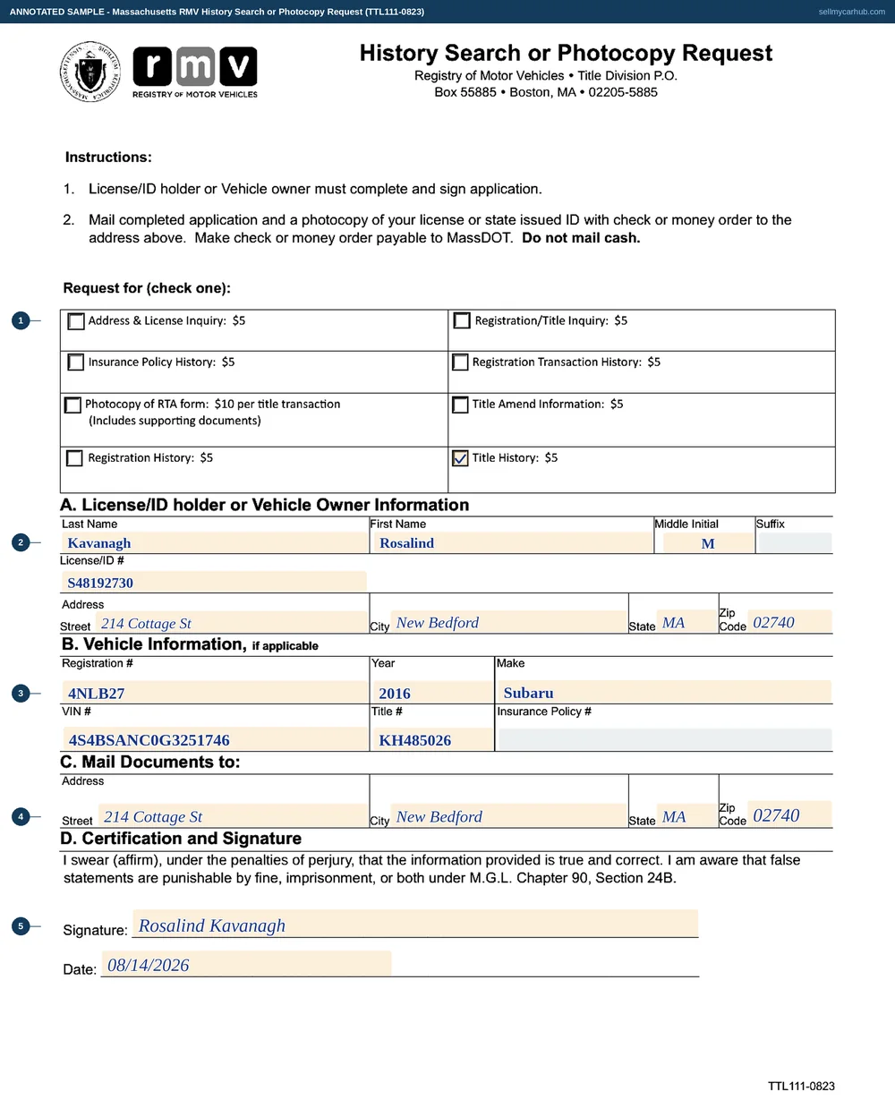 The Massachusetts History Search or Photocopy Request filled in as an annotated sample with the Title History box ticked: Rosalind M. Kavanagh of New Bedford, her Massachusetts licence number, registration 4NLB27, a 2016 Subaru Outback with its vehicle identification number and title number, and a mailing address block completed with the same New Bedford address, signed and dated.