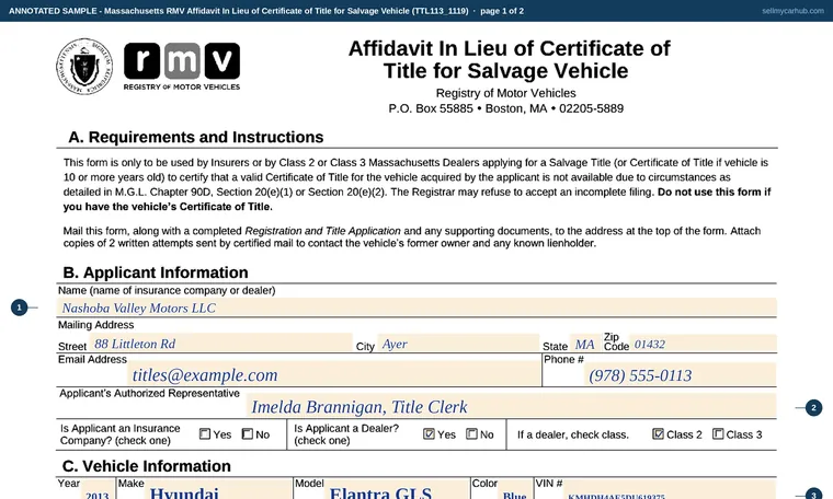 Top of page 1 of our filled-in example of Massachusetts TTL113, Affidavit In Lieu of Certificate of Title for Salvage Vehicle