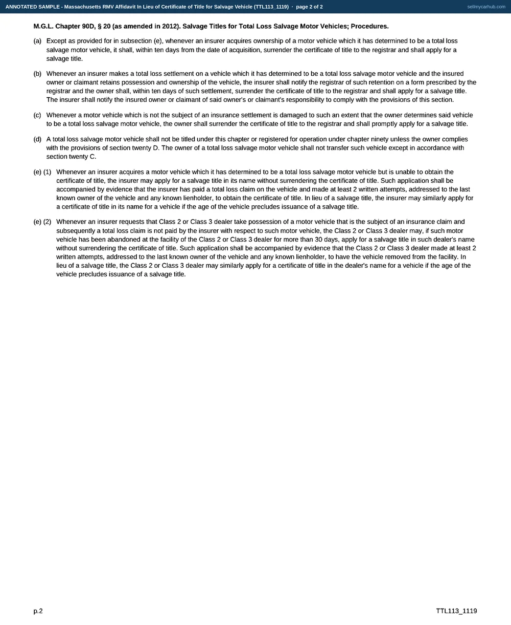 The Massachusetts Affidavit In Lieu of Certificate of Title for Salvage Vehicle filled in as an annotated sample: Nashoba Valley Motors LLC of Ayer as applicant with an authorised representative, the Dealer box ticked and Class 2 selected, a 2013 Hyundai Elantra with its colour and vehicle identification number, the former owner Marisol E. Vega-Ruiz of Holyoke with her address, the ten years or less box ticked, the insurance-company certification at the foot greyed and the Class 2 or Class 3 dealer certification completed with a printed name, position and date. Page two carries the full text of chapter 90D section 20.
