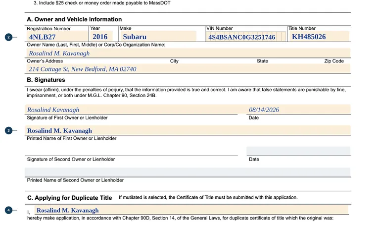 Part of page 1 of our filled-in example of Massachusetts TTL117, Duplicate Title Application, showing the filled-in entries