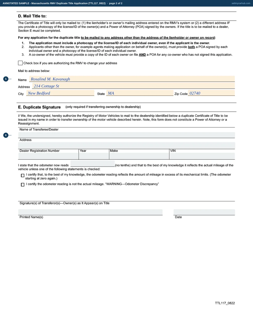 The Massachusetts Duplicate Title Application filled in as an annotated sample. Page one shows registration 4NLB27, a 2016 Subaru Outback with its vehicle identification number and title number, owner Rosalind M. Kavanagh of New Bedford, her printed name in the signatures block, her name written into the chapter 90D section 14 sentence and the Lost box ticked. Page two shows the mail-to block completed with her own address and the dealership section left grey and empty.