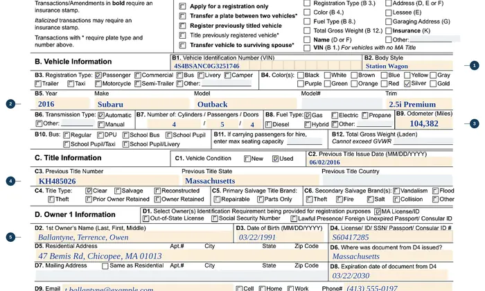Part of page 1 of our filled-in example of Massachusetts TTLREG100, Registration and Title Application, showing the filled-in entries
