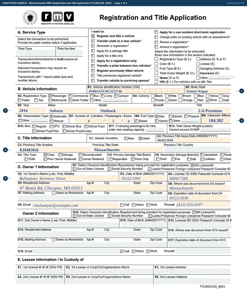 The Massachusetts Registration and Title Application filled in as an annotated sample. Page one carries the register and title a vehicle tick in Section A, a 2016 Subaru Outback with its vehicle identification number and body style in Section B, a used vehicle with a clear previous Massachusetts title in Section C, and the buyer Terrence O. Ballantyne of Chicopee as Owner 1 in Section D. Page two shows Section H empty, Section I3 completed as a casual sale at 11,750 dollars with 734 dollars 38 of Massachusetts tax, a purchase date in Section J, Section K greyed as the insurance agent's block, Section L naming Rosalind M. Kavanagh of New Bedford as the seller, and the applicant's signature and date in Section M.