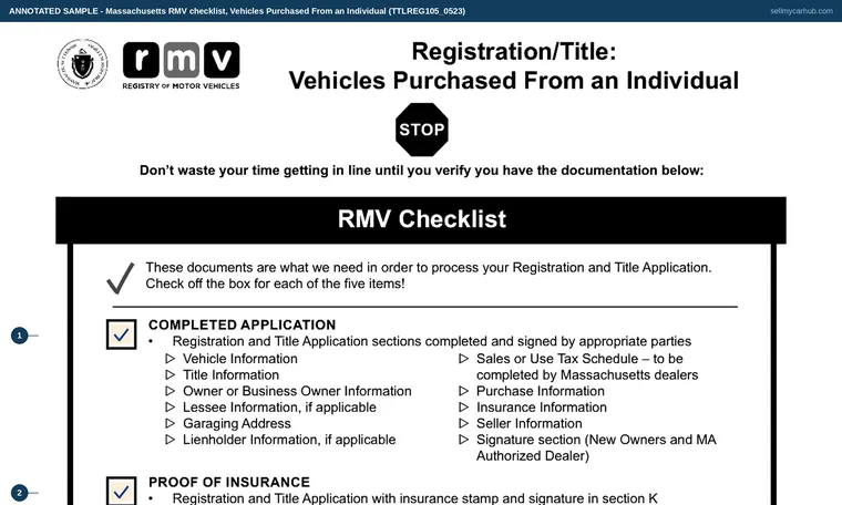 Top of our filled-in example of Massachusetts TTLREG105, Registration/Title: Vehicles Purchased From an Individual - RMV Checklist