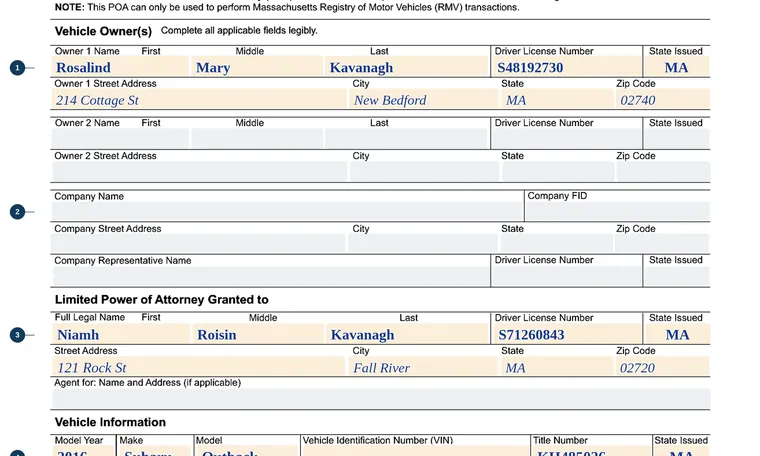 Part of our filled-in example of Massachusetts TTLREG109, Vehicle Owner's Limited Power of Attorney, showing the filled-in entries
