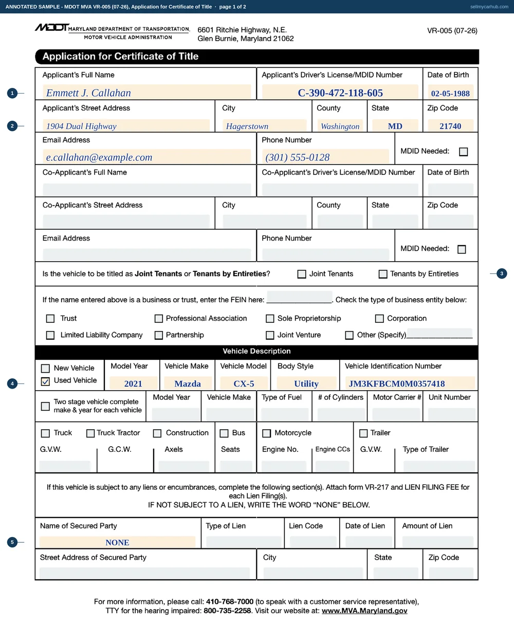 A Maryland VR-005 application for certificate of title filled in for one private sale: applicant Emmett J. Callahan of Hagerstown in Washington County with an MDID and date of birth, a used 2021 Mazda CX-5, VIN JM3KFBCM0M0357418, the lien section reading NONE, an odometer reading of 61208 with neither exception box ticked, New Tags requested with a class of Passenger, and an insurance company and policy number above the applicant's signature.