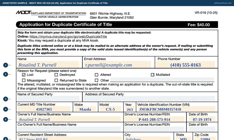 Top of our filled-in example of Maryland VR-018, Application for Duplicate Certificate of Title