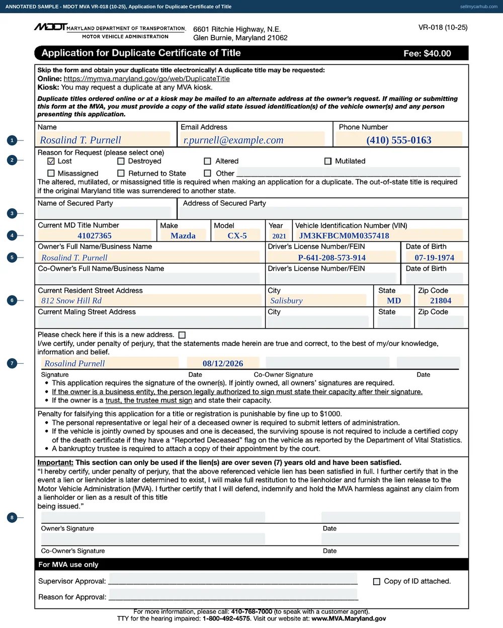 A Maryland VR-018 application for duplicate certificate of title filled in: Rosalind T. Purnell with an email address and phone number, the Lost reason box ticked, the secured party lines left empty, current MD title number 41027365 for a 2021 Mazda CX-5 with VIN JM3KFBCM0M0357418, her full name, driver's licence number and date of birth, a Salisbury resident address, and her signature dated 12 August 2026.