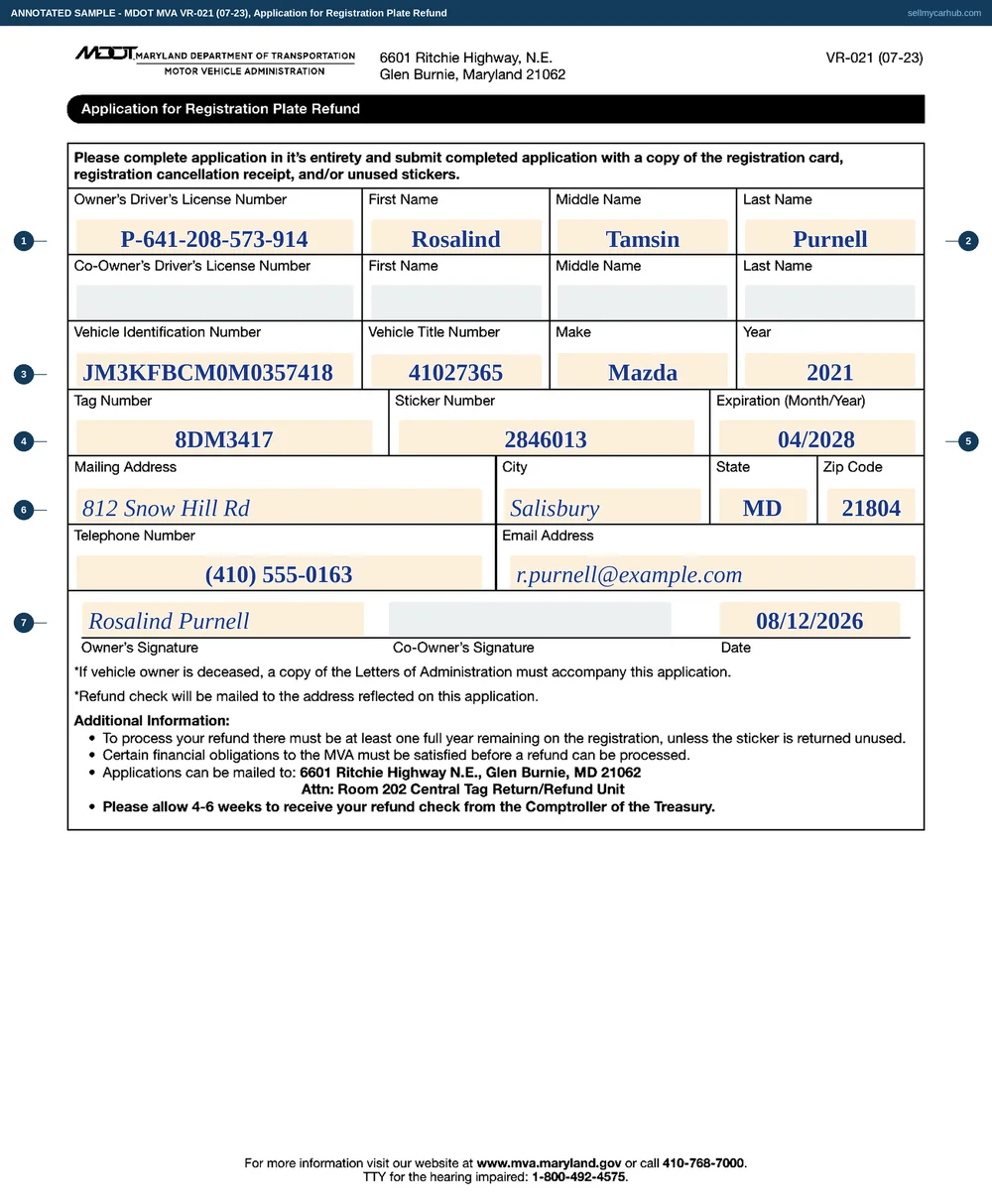 A Maryland VR-021 application for registration plate refund filled in: owner Rosalind T. Purnell with a Maryland driver's licence number, a 2021 Mazda CX-5 with VIN JM3KFBCM0M0357418 and title number 41027365, tag number 8DM3417 with a sticker number and an expiration of 04/2028, a Salisbury mailing address, a phone number and email address, and her signature dated 12 August 2026.