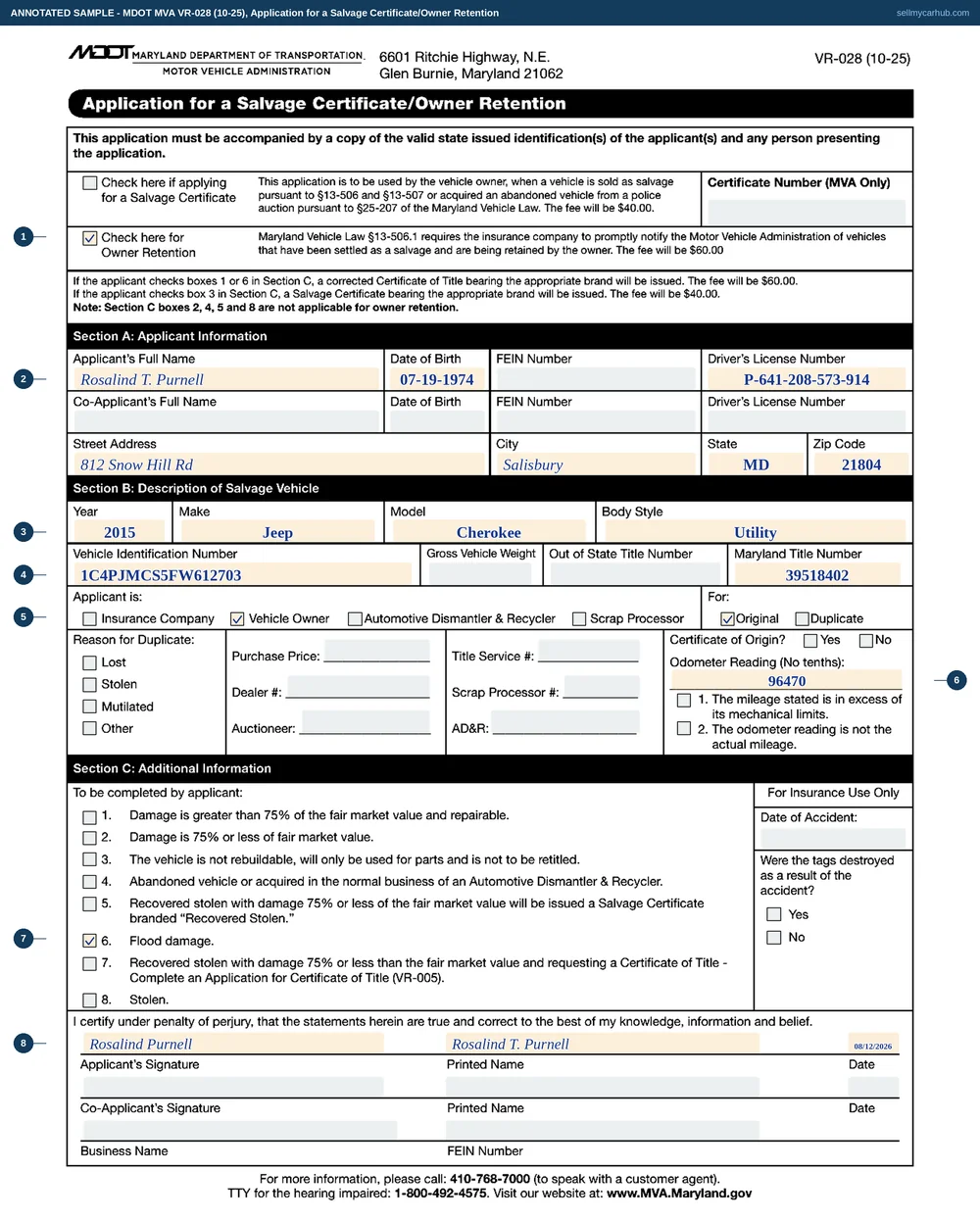 A Maryland VR-028 application filled in for owner retention: the Owner Retention box ticked at the top, applicant Rosalind T. Purnell of Salisbury with a date of birth and driver's licence number, a 2015 Jeep Cherokee with VIN 1C4PJMCS5FW612703 and a Maryland title number, Vehicle Owner ticked as the applicant, an odometer reading of 96470, statement 6 for flood damage ticked in Section C, a date of accident in the insurance column, and her signature and printed name dated 12 August 2026.