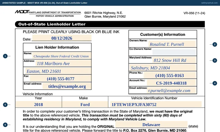 Top of our filled-in example of Maryland VR-056, Out-of-State Lienholder Letter