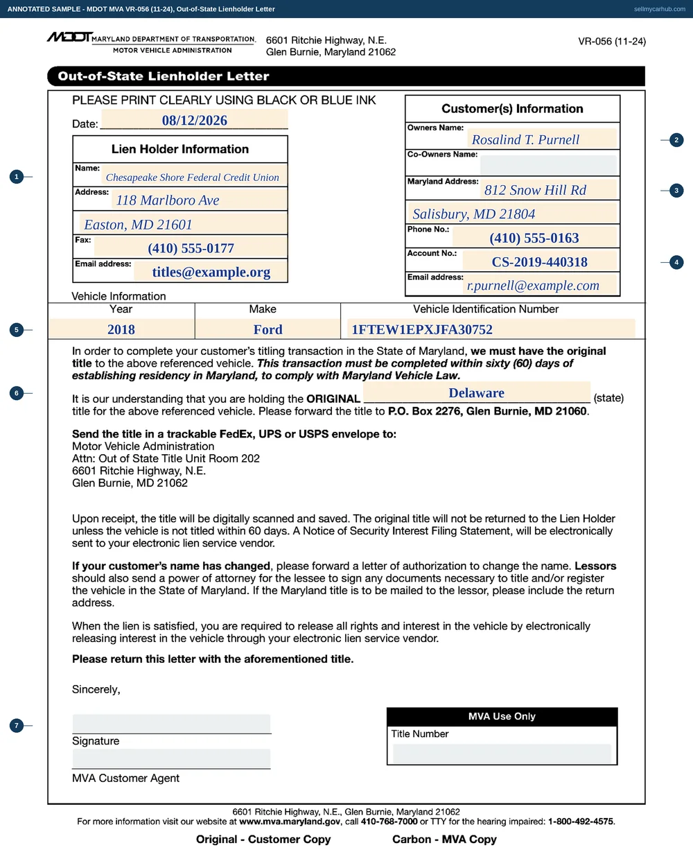 A Maryland VR-056 out-of-state lienholder letter filled in: addressed to Chesapeake Shore Federal Credit Union with an address, fax and email, for owner Rosalind T. Purnell at a Salisbury Maryland address with a phone number and account number, covering a 2018 Ford F-150 with its vehicle identification number, and naming Delaware as the state holding the original title.