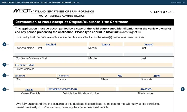 Top of our filled-in example of Maryland VR-091, Certification of Non-Receipt of Original/Duplicate Title Certificate