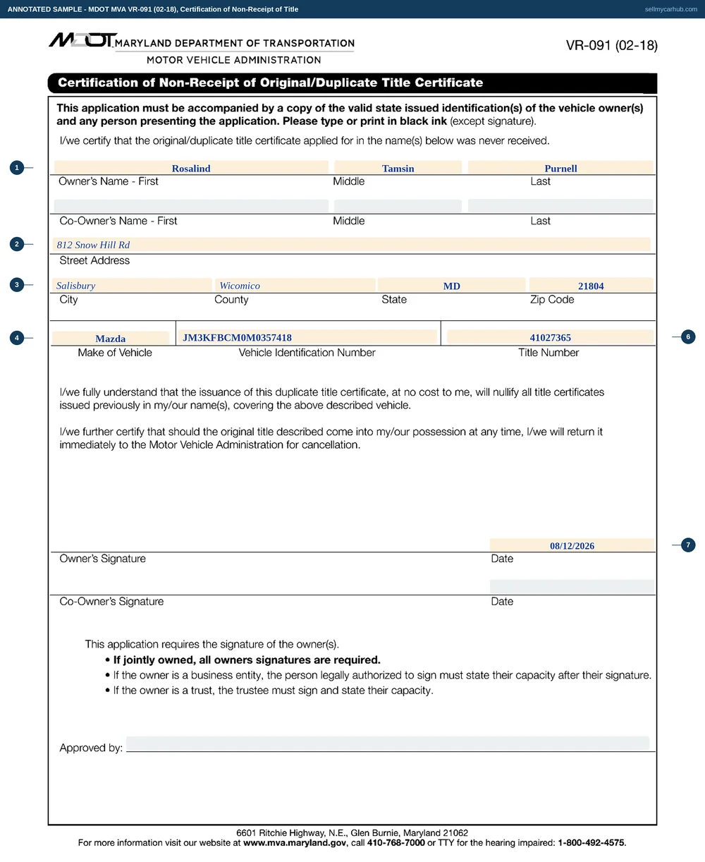 A Maryland VR-091 certification of non-receipt filled in: owner Rosalind T. Purnell with first, middle and last name in separate boxes, a Salisbury street address with Wicomico county, state and ZIP, a Mazda with VIN JM3KFBCM0M0357418 and title number 41027365, and her signature dated 12 August 2026 with the co-owner row left empty.