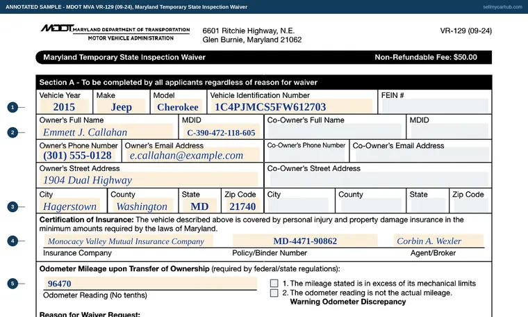 Top of our filled-in example of Maryland VR-129, Maryland Temporary State Inspection Waiver