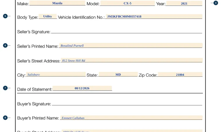Part of our filled-in example of Maryland VR-197, Odometer Disclosure Statement, showing the filled-in entries