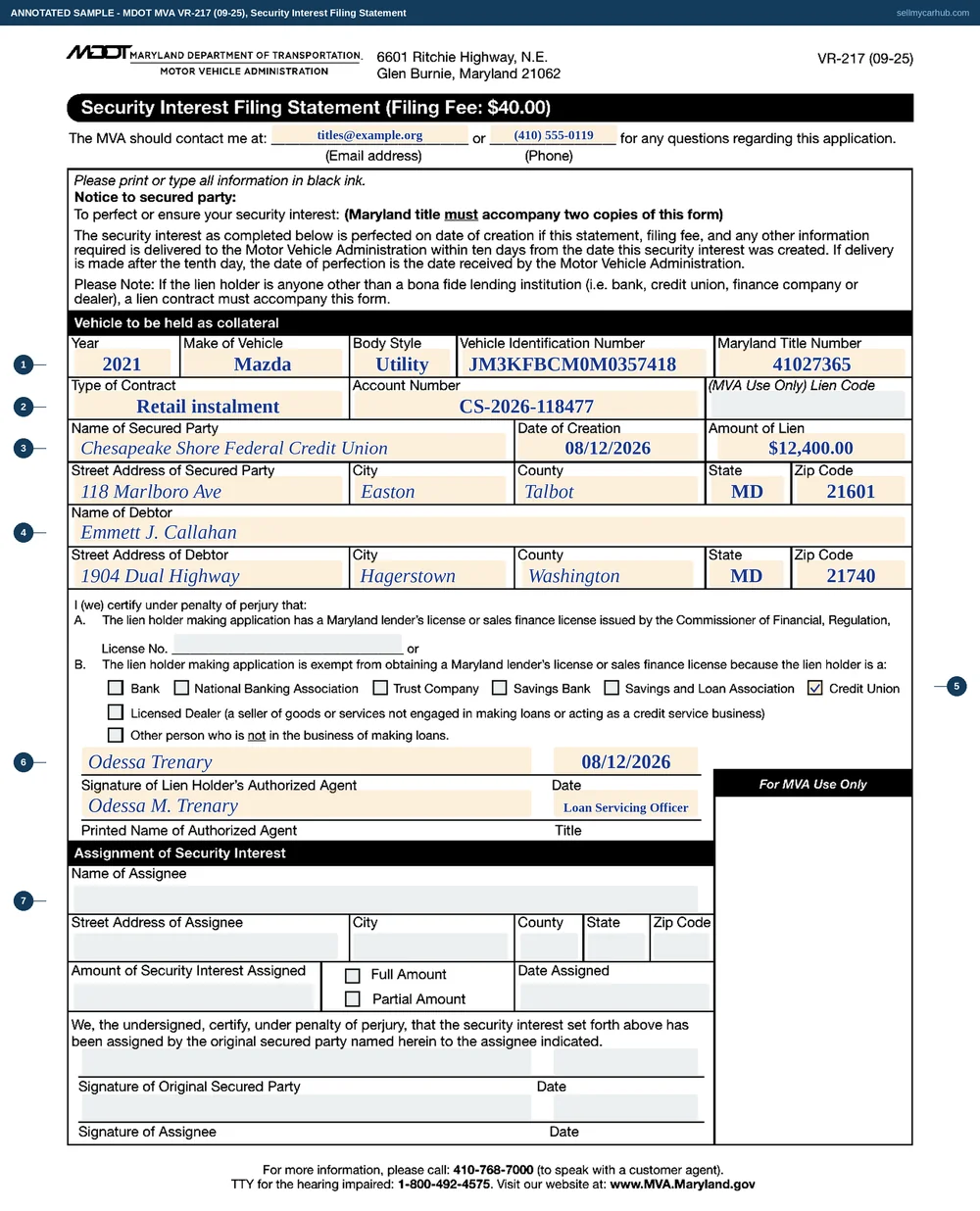 A Maryland VR-217 security interest filing statement filled in from the lender's side: a 2021 Mazda CX-5 with VIN JM3KFBCM0M0357418 and title number 41027365 held as collateral, secured party Chesapeake Shore Federal Credit Union of Easton with a date of creation and an amount of lien, debtor Emmett J. Callahan of Hagerstown, the Credit Union exemption box ticked, and the authorised agent signing with a printed name and job title.