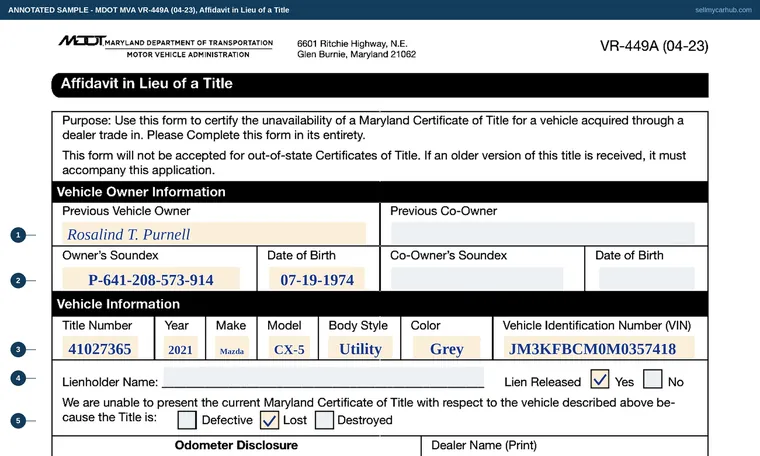 Top of our filled-in example of Maryland VR-449A, Affidavit in Lieu of a Title
