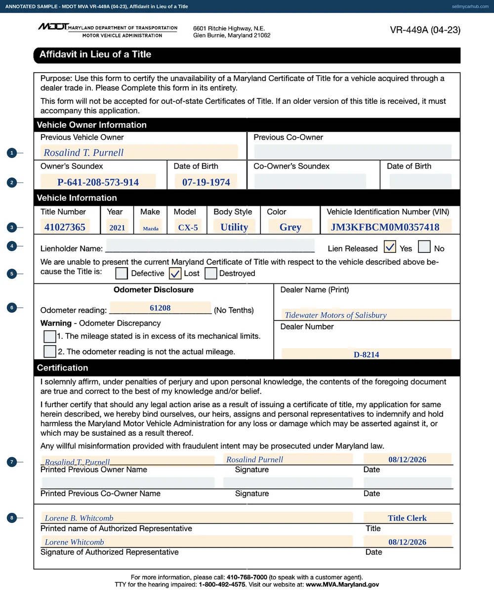 A Maryland VR-449A affidavit in lieu of a title filled in: previous owner Rosalind T. Purnell with a soundex number and date of birth, title number 41027365 for a 2021 Mazda CX-5 in Machine Grey with VIN JM3KFBCM0M0357418, the lienholder line empty with lien released answered yes, the Lost box ticked, an odometer reading of 61208, the dealer named as Tidewater Motors of Salisbury with a dealer number, and signatures from the previous owner and the dealer's authorised representative.
