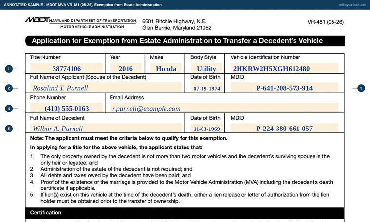 Top of our filled-in example of Maryland VR-481, Application for Exemption from Estate Administration to Transfer a Decedent's Vehicle