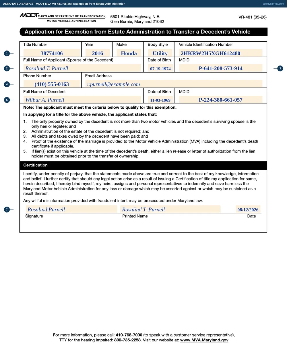 A Maryland VR-481 application for exemption from estate administration filled in: title number for a 2016 Honda CR-V with its VIN, applicant Rosalind T. Purnell as the surviving spouse with a date of birth and MDID, a phone number and email address, decedent Wilbur A. Purnell with his date of birth and MDID, and her signature and printed name dated 12 August 2026.